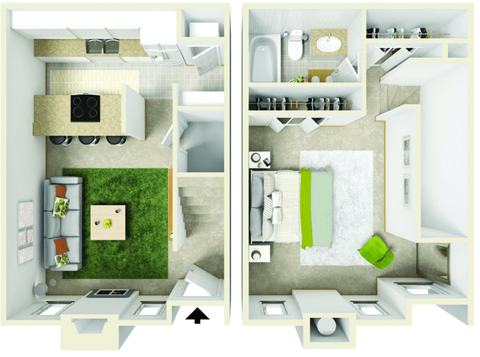 Floor plan for 1 bed, 1 bath, 768 sqft